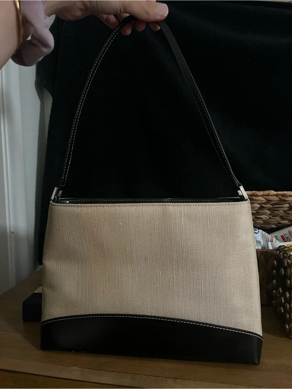 kate spade Cream Canvas and Black Leather Shoulder Bag